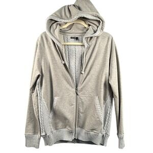 BYLYSE L Cable Knit Trim Full Zip Hoodie Sweatshirt Mixed Media Coastal Grandma